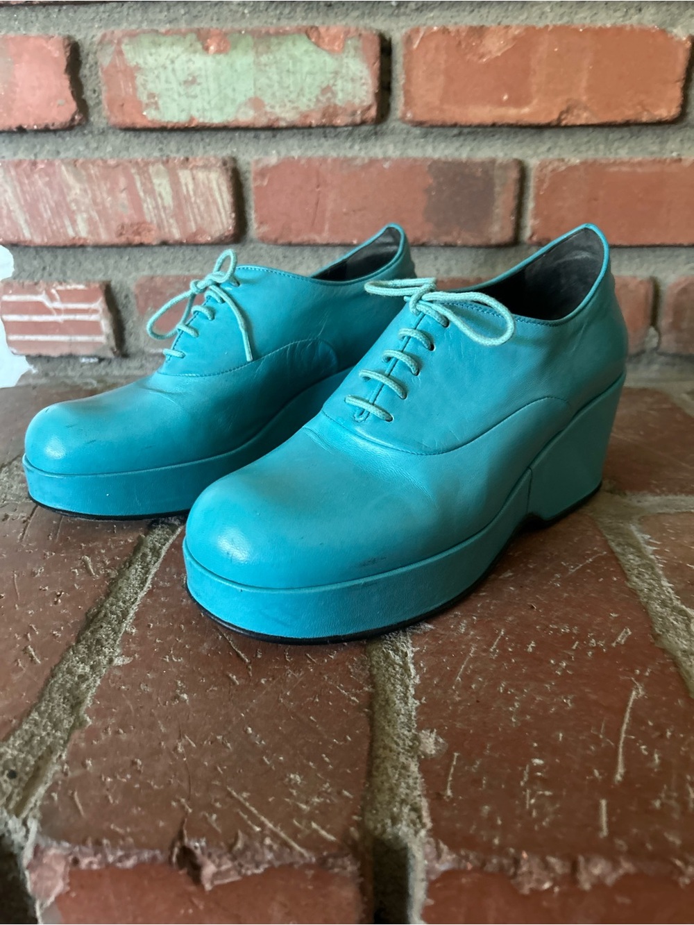 Jill Sander Leather Lace Up Platform Shoes in Turquoise Sz 7